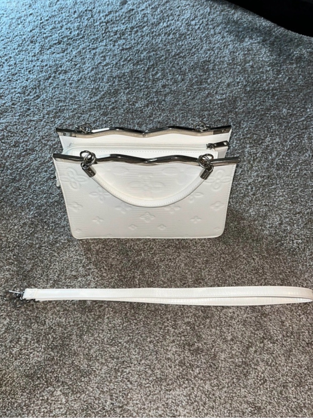 White Embossed Leather Crossbody Bag with Detachable Strap